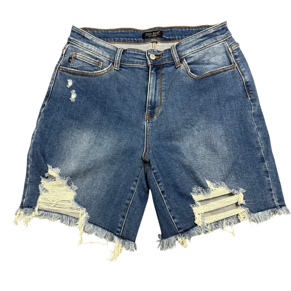 Judy Blue Women's Mid Rise Distressed Stretch Raw Denim Cut Off Shorts 1X - Picture 2 of 9